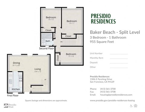 A floor plan for a split level apartment at Baker Beach with three bedrooms and one bathroom.